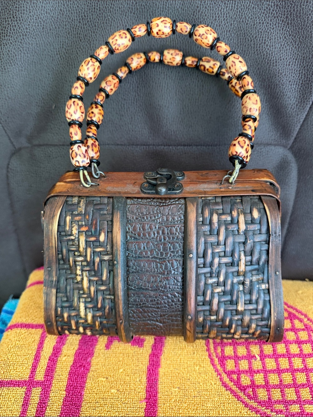 Vintage Brown Woven Mini Bag with Beaded Handle